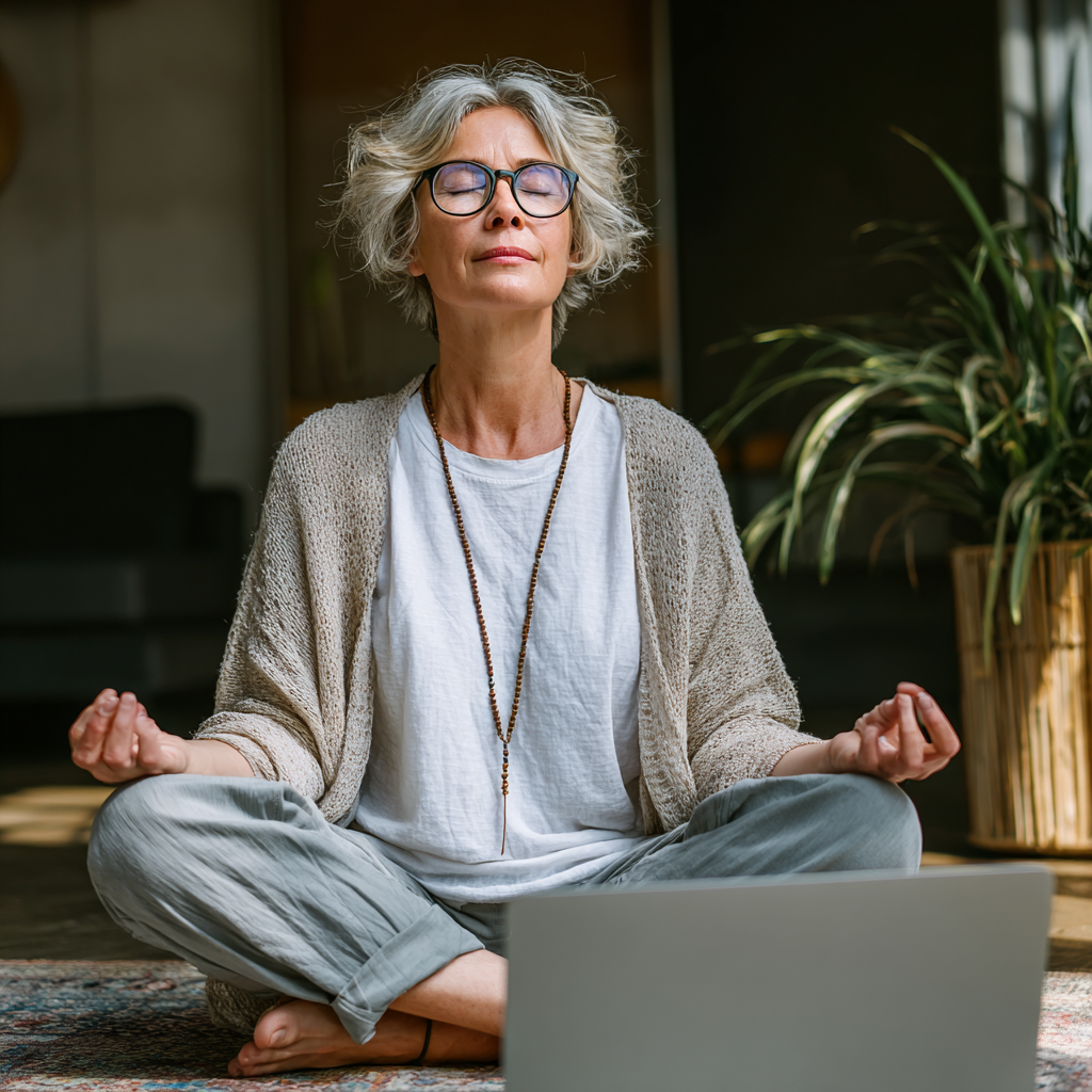 Жінка 52 років займається йогою вдома перед ноутбуком, слідуючи онлайн заняттю, у неї спокійний та зосереджений вираз обличчя
