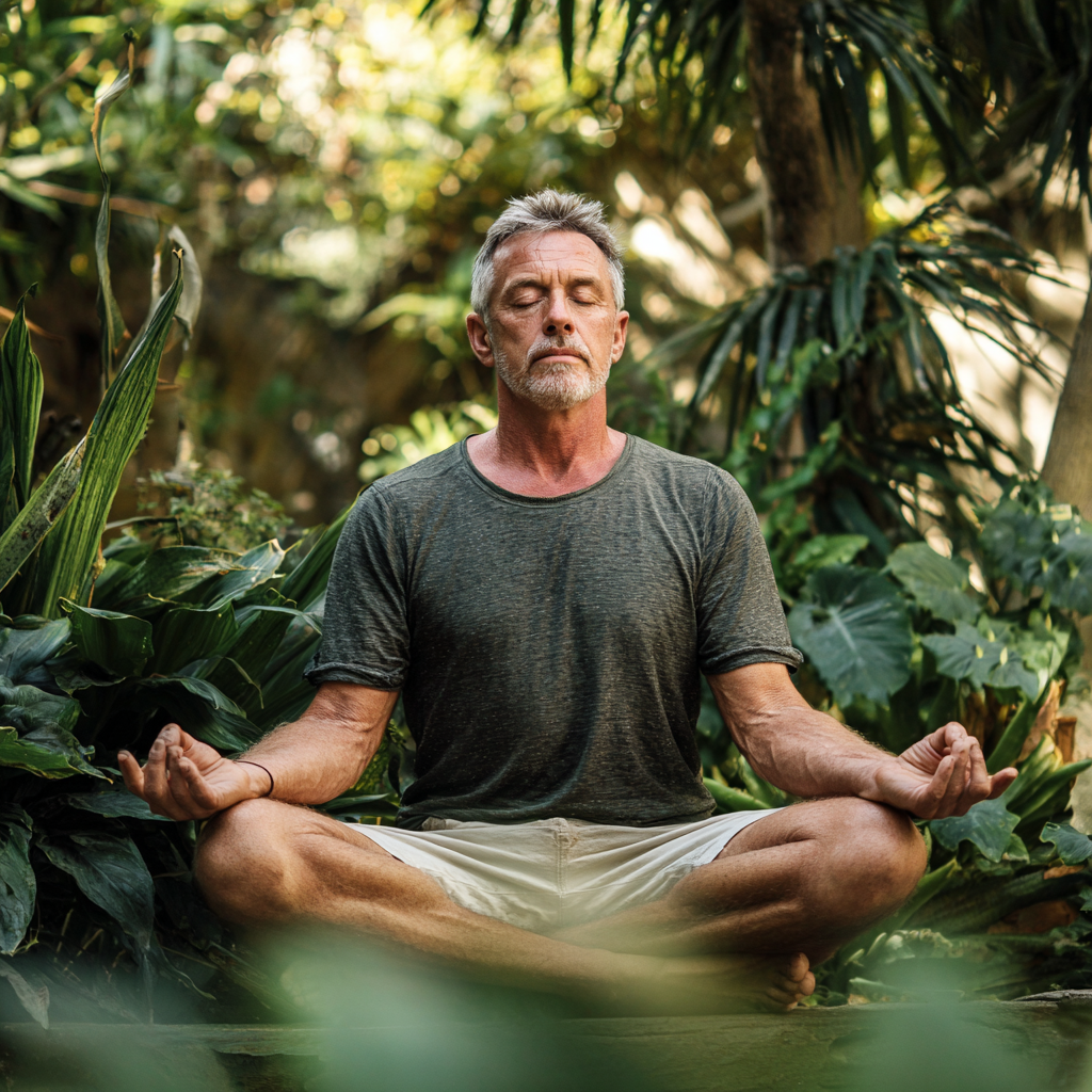 Чоловік 58 років медитує у позі лотоса на природі, оточений зеленню, вираз обличчя спокійний та зосереджений